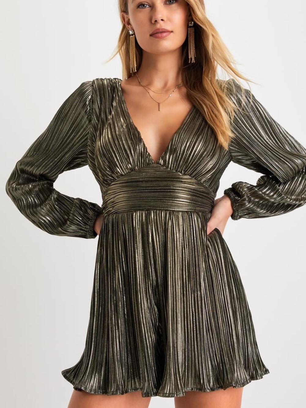 Lulus Plisse and Thank You Gold Pleated Long Sleeve Backless Romper - Picture 3 of 15